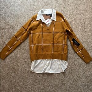 Brown and White V-Neck Sweater